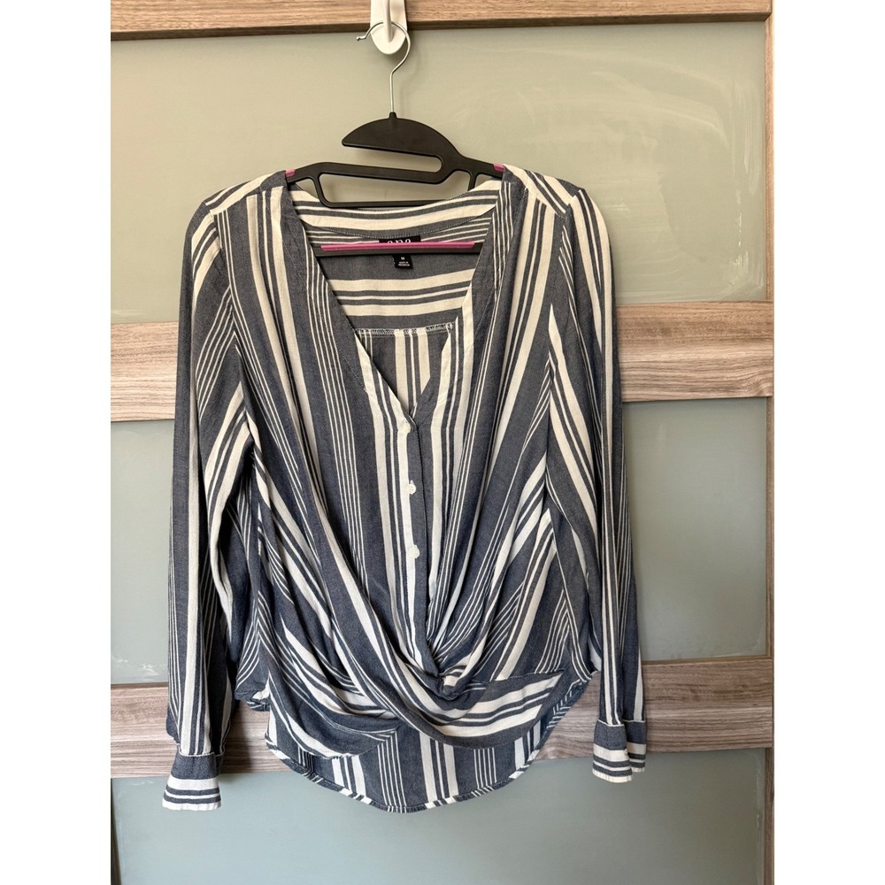 ana A New Approach Women Medium Navy White Striped Twist Front V-Neck Blouse